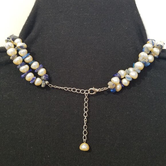 Pearls & Lapis Lazuli Choker Necklace Baroque Freshwater Pearls and Lapis Chips - Picture 4 of 10
